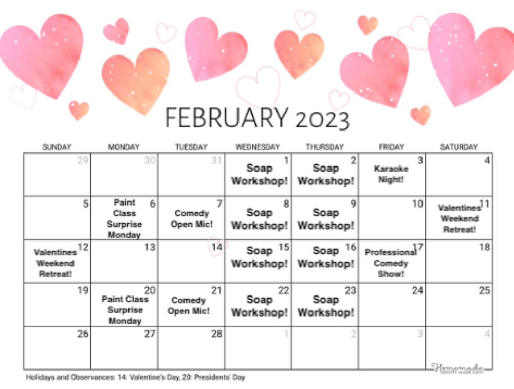 February 2023 calendar page showing month events