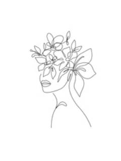 line drawing of a woman with flowers covering her head and upper half of her face