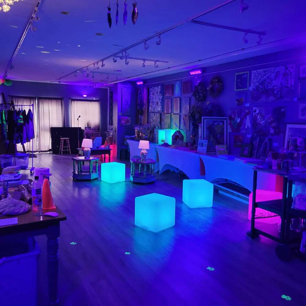 a room filled with lots of furniture and lights