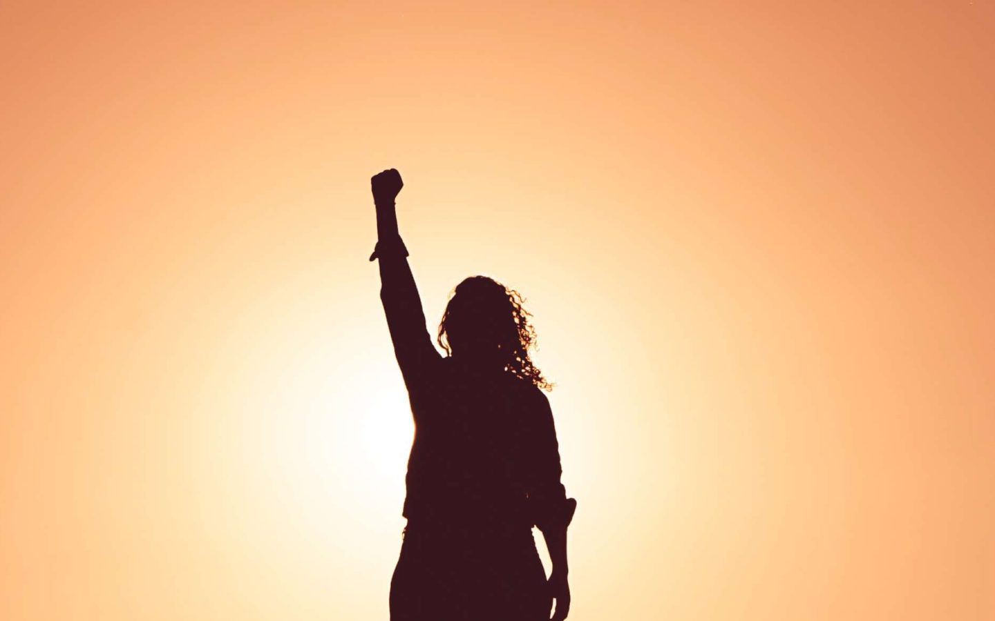 silhouette of a woman raising a fist against a dawn sky